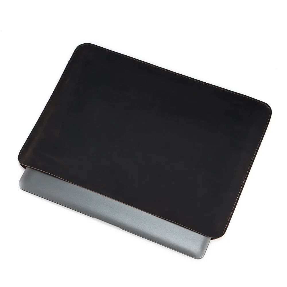 Brown genuine leather computer bag with horizontal design for laptops and tablets