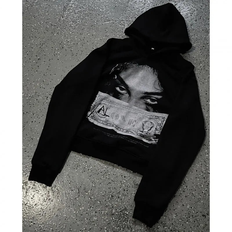 Black women's hooded sweater with cartoon pattern printing in loose fit