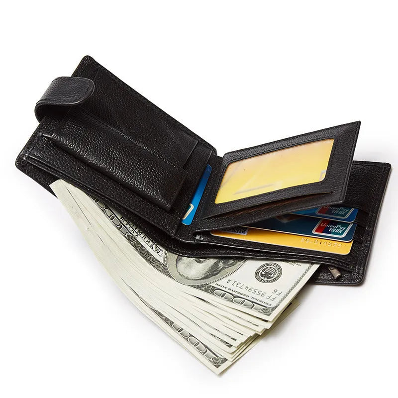 Black PU leather bifold wallet with buckle closure, multiple card slots, and coin pocket on white background