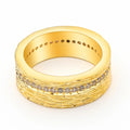 Gold geometric women's ring with zircon stone on copper base, electroplated finish.