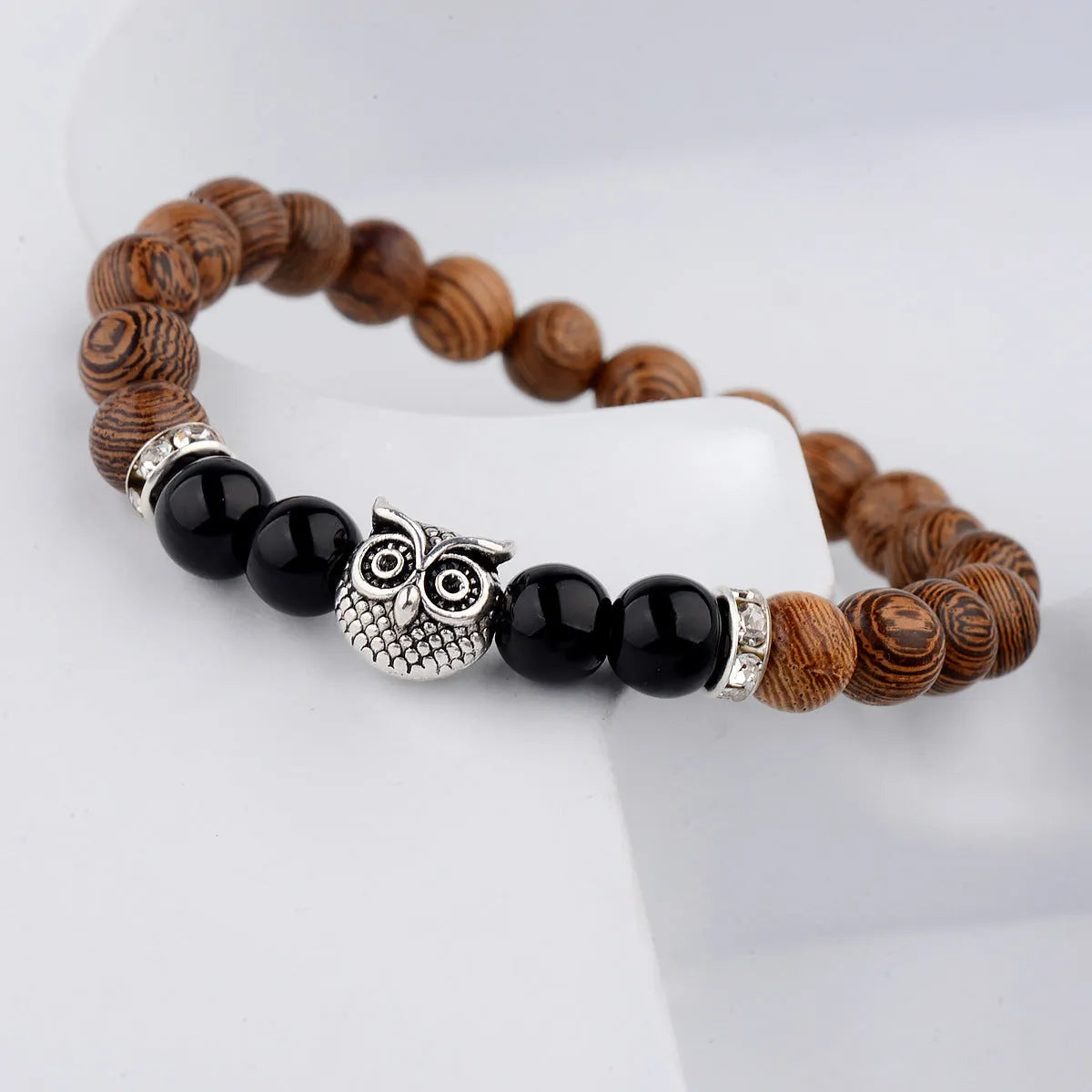 Owl frosted stone lifeline wood grain bracelet in black with wood beads and alloy clasp