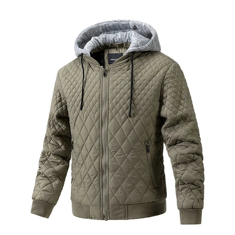 Men's quilted cotton jacket with removable hood, polyester blend, available in army green, black, dark blue, khaki, sizes L to XXXL