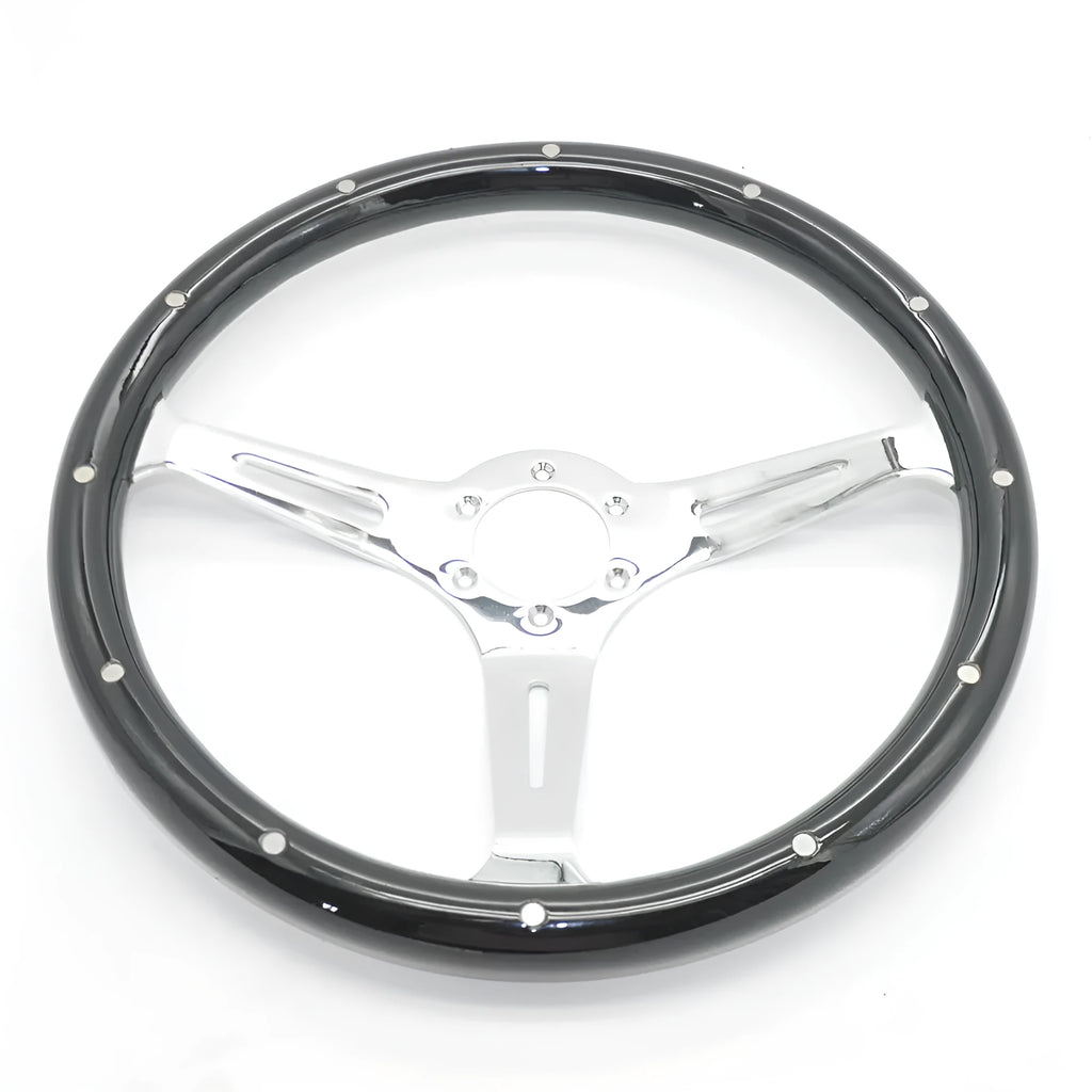 15-inch black wood car steering wheel with bright electroplated construction and 6-hole fitting pattern