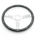 15-inch black wood car steering wheel with bright electroplated construction and 6-hole fitting pattern