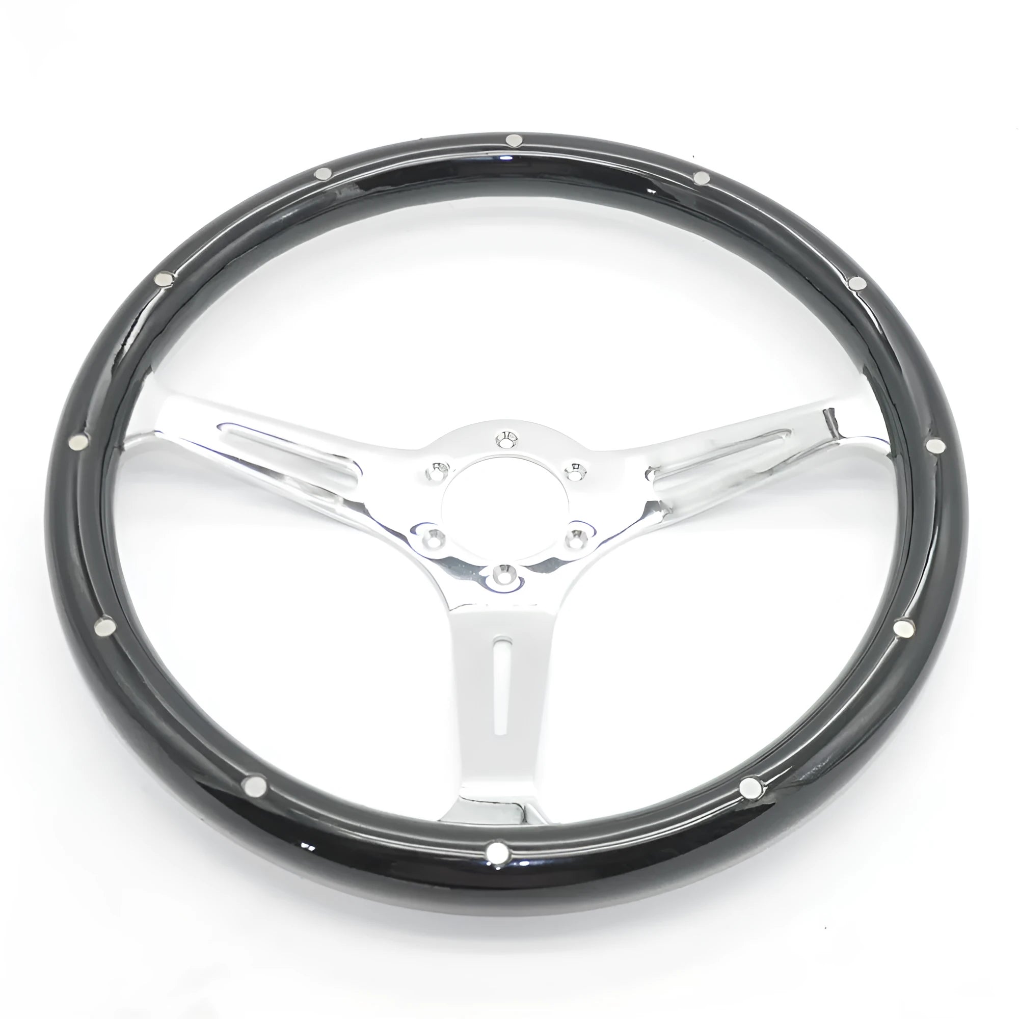 15-inch black wood car steering wheel with bright electroplated construction and 6-hole fitting pattern
