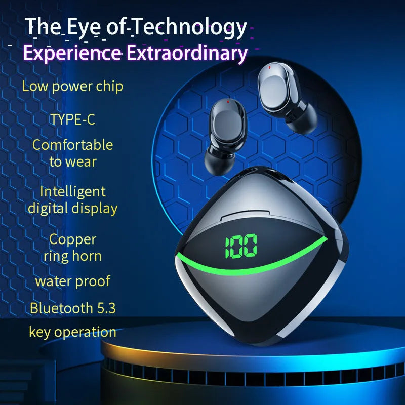 Wireless Bluetooth headset with digital display, in-ear design, touch control, black or white colour, USB 3.0 interface.