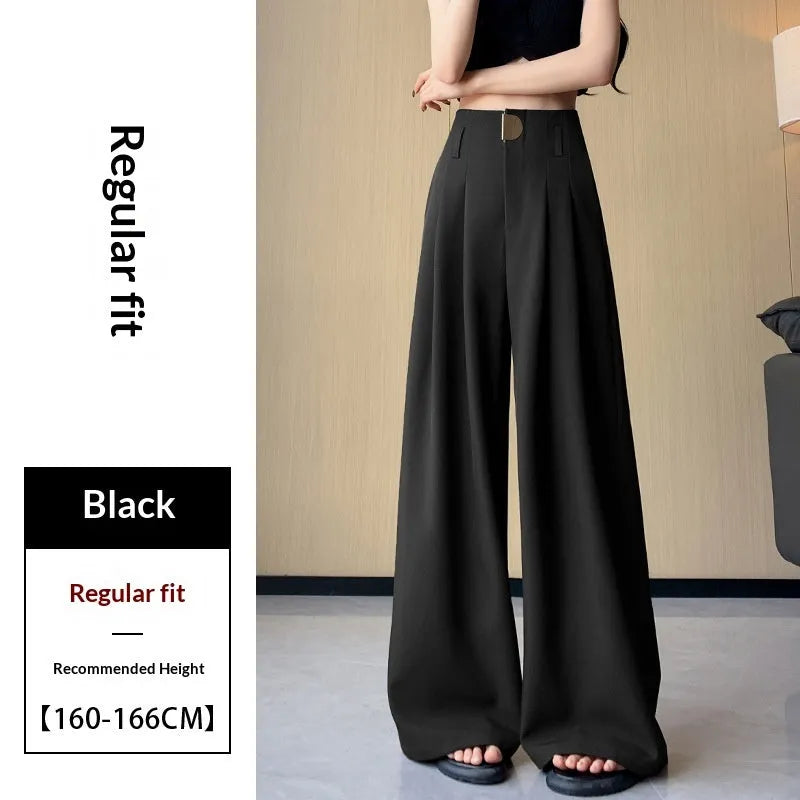 Women's high-waisted wide-leg pants in black, slightly elastic spandex fabric, loose straight fit, regular length