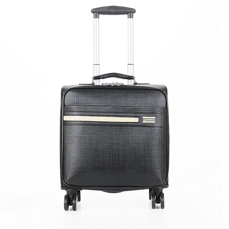 Black or brown 18-inch wheeled business case made of PU leather with airplane wheels and a luggage lock.