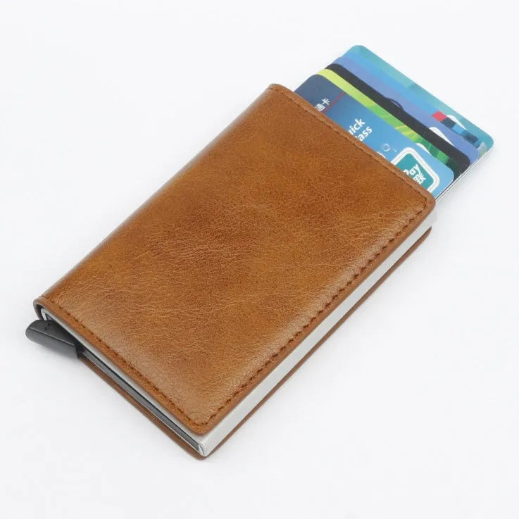 PU automatic card holder with aluminium alloy metal texture, slim design, RFID blocking card case