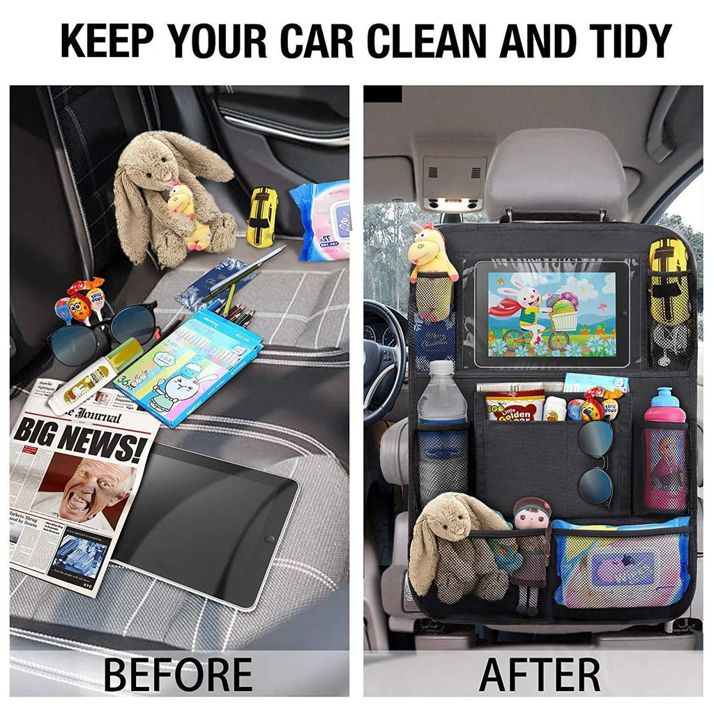 Black car seat back storage pouch with 9 bags and transparent iPad pocket, 61x41cm, made from 600D Oxford cloth