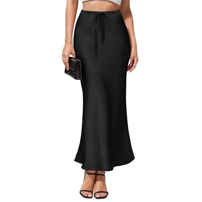 Asymmetric acetate satin skirt with irregular stitching details in high waist design