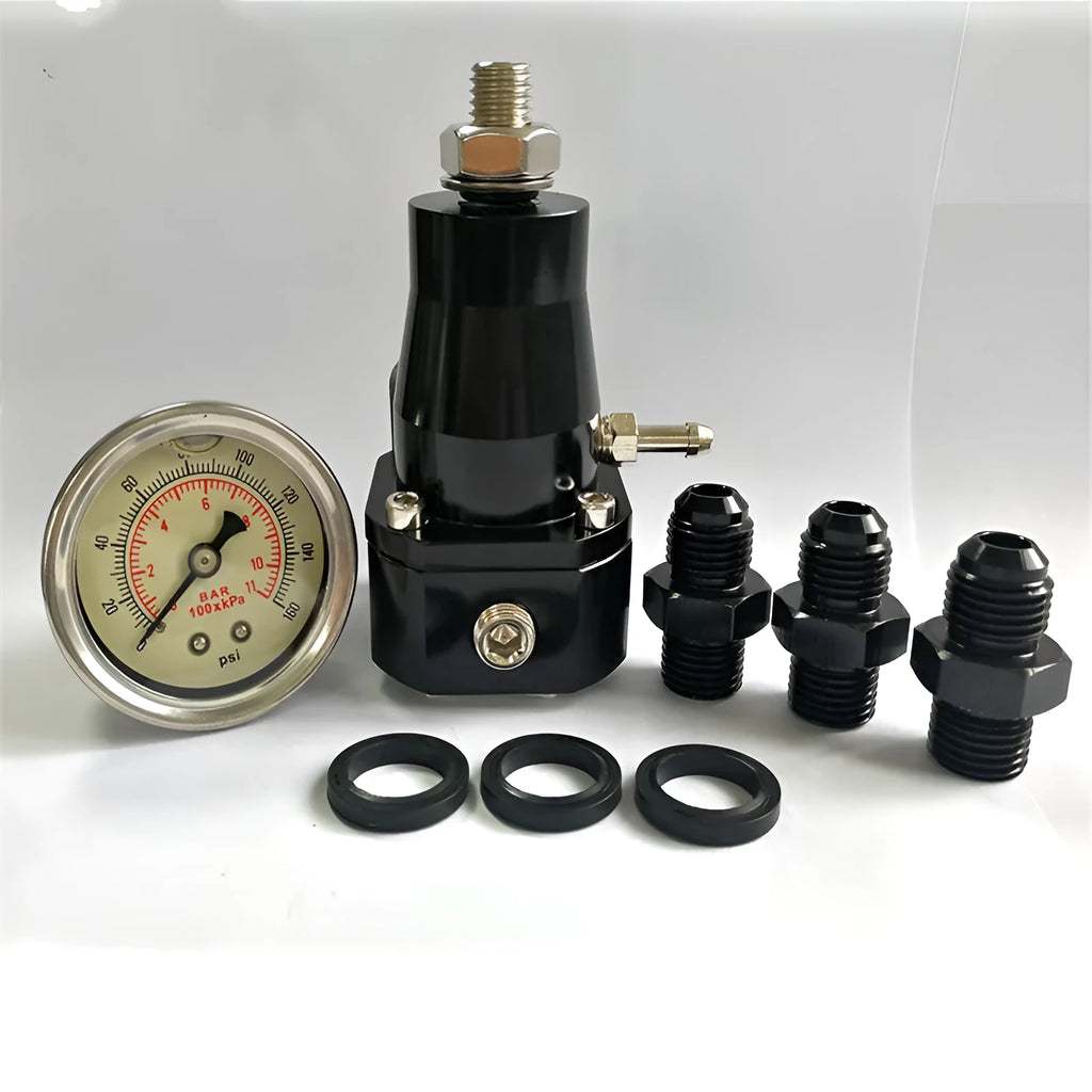 Black aluminium fuel pressure regulator with adjustment ports for 30-70psi range