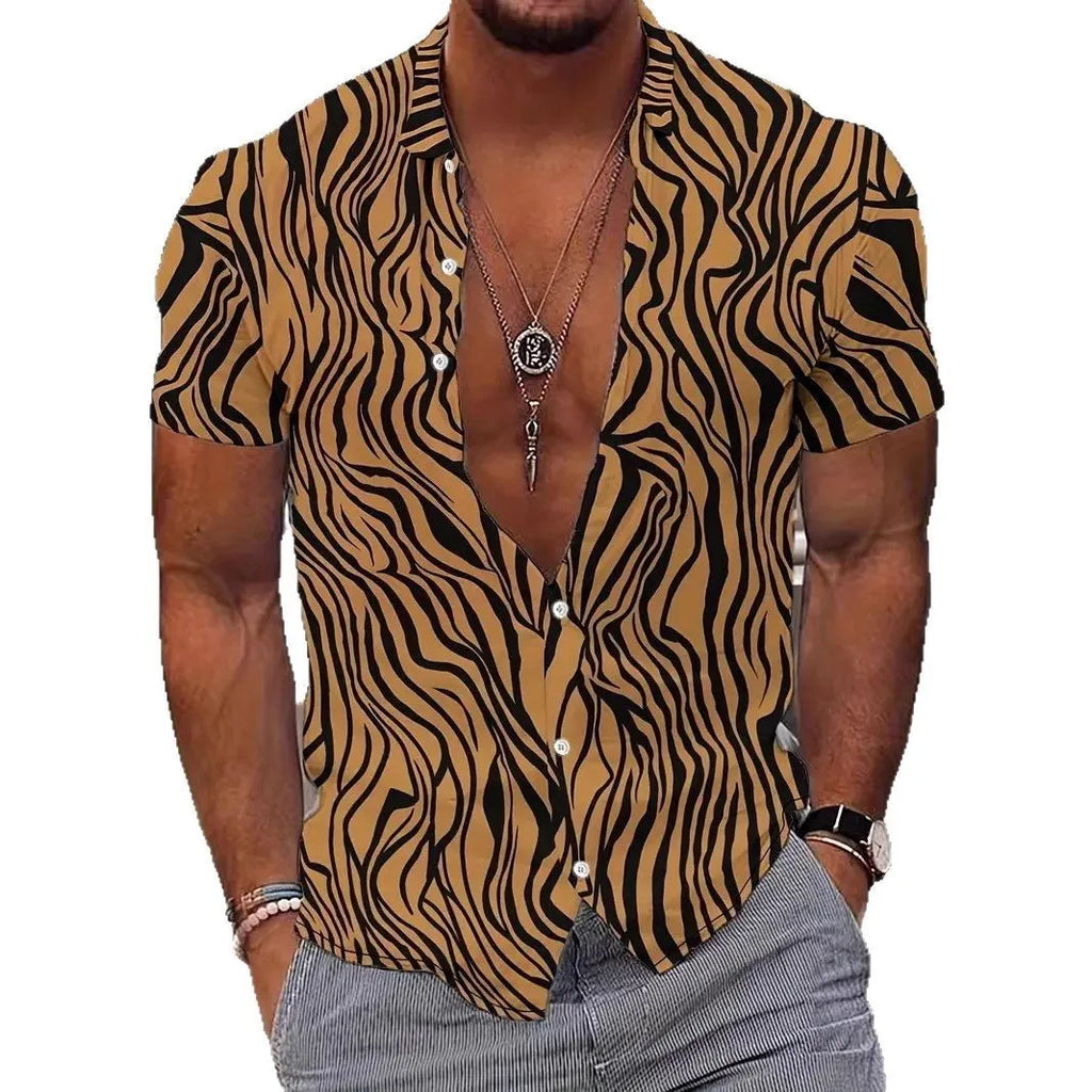 Men's slim fit geometric print short sleeve shirt with lapel collar on a hanger.