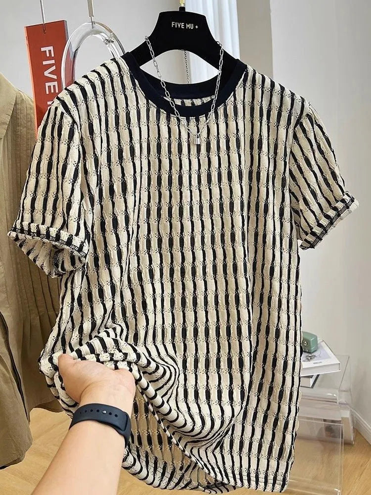 Black striped men's loose linen silk blend short sleeve pullover shirt casual summer wear
