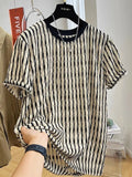 Black striped men's loose linen silk blend short sleeve pullover shirt casual summer wear