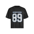 Black and white loose-fit casual short-sleeve t-shirt on a hanger