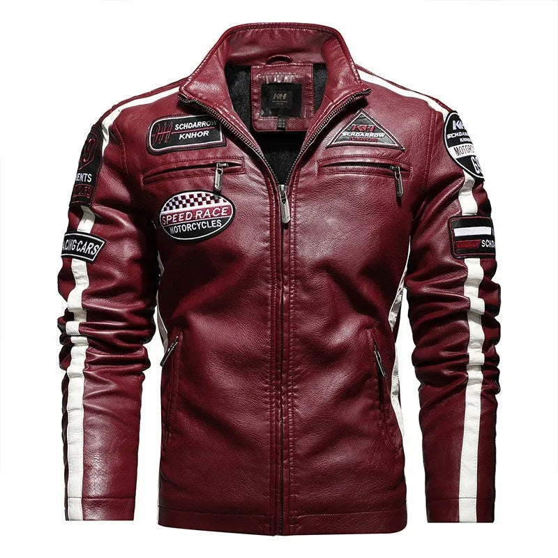 Men's PU leather embroidered slim-fit jacket with stand-up collar and zipper front in black