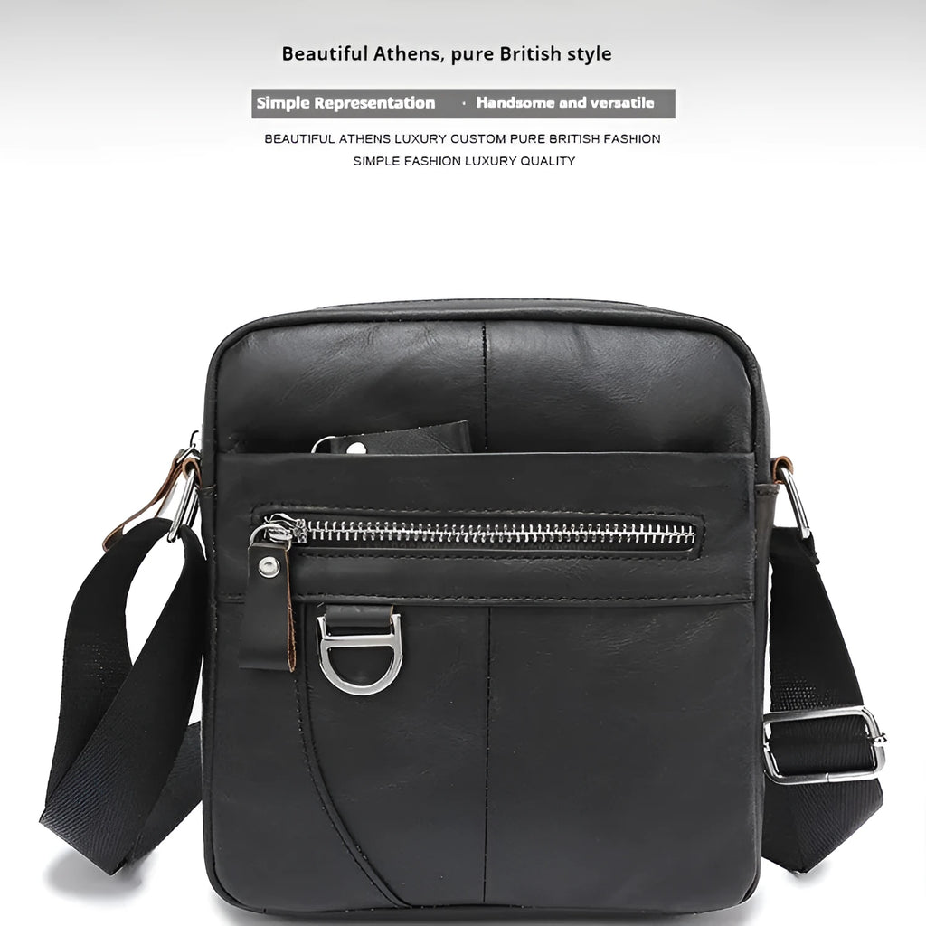 Genuine cowhide leather messenger bag for boys in black or brown with visible sewing lines