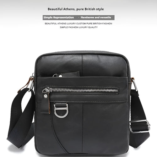 Genuine cowhide leather messenger bag for boys in black or brown with visible sewing lines