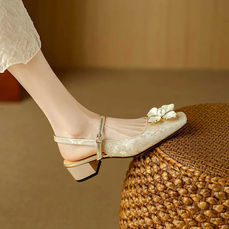French retro square toe high heels for women, apricot colour, mid heel, PU upper