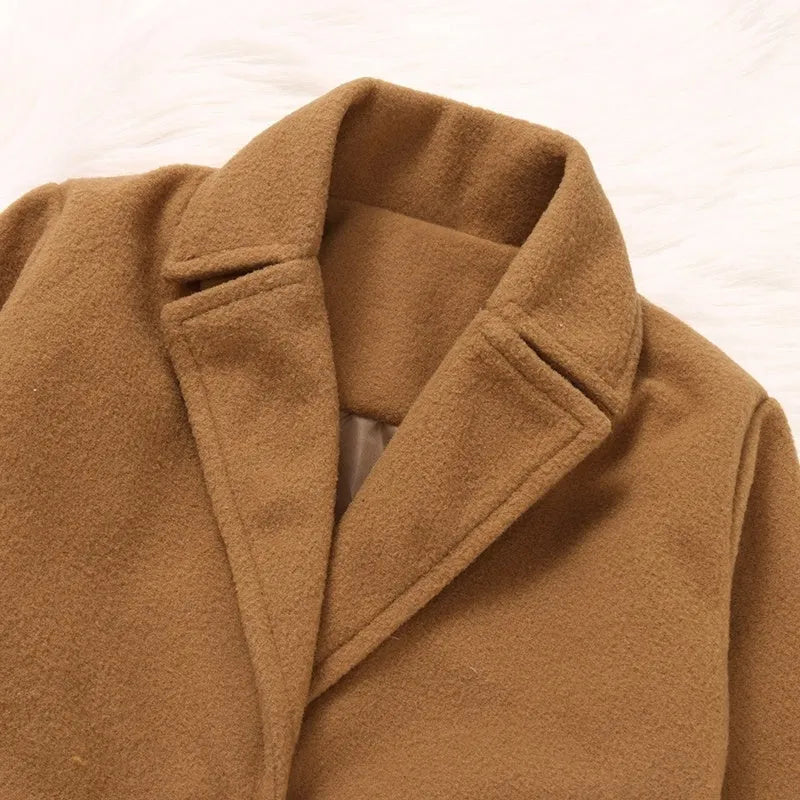 Brown children's woolen coat with suit collar and long sleeves for toddlers 1-3 years