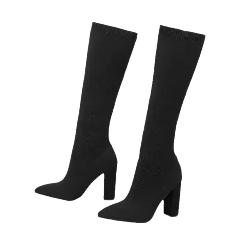 Black high heel fashion boots for women, fabric upper, cotton lining, high shaft, sizes 35-42