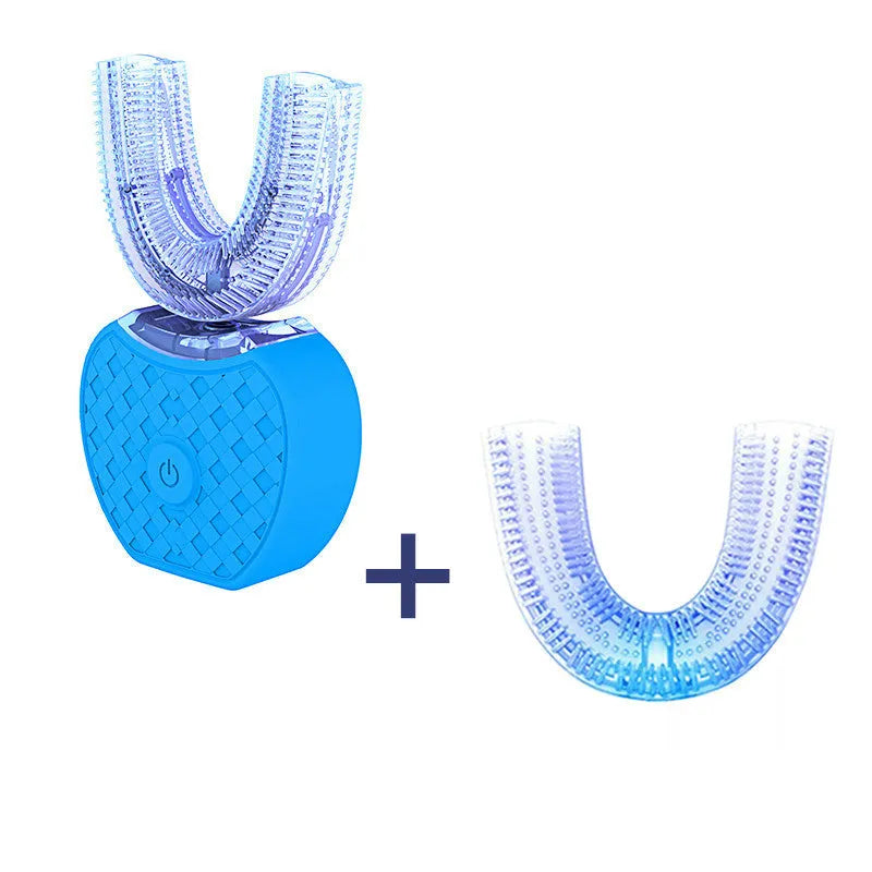 360 degree U-shaped electric toothbrush with blue light, food grade silicone bristles, and USB charging cable