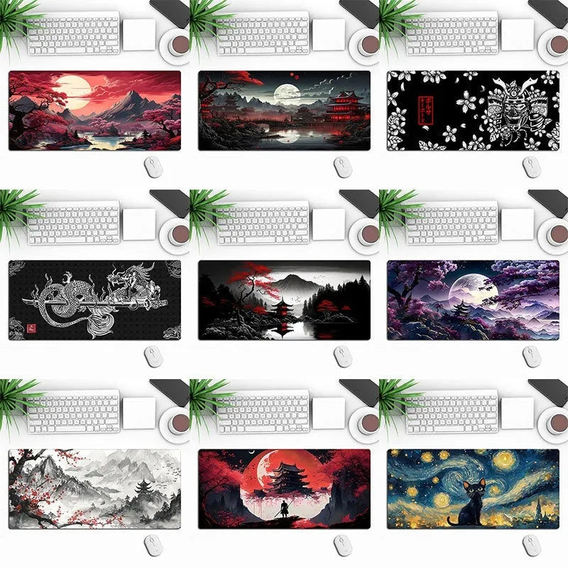 Anime style gaming mouse pad desk mat with non-slip rubber base on a desk.