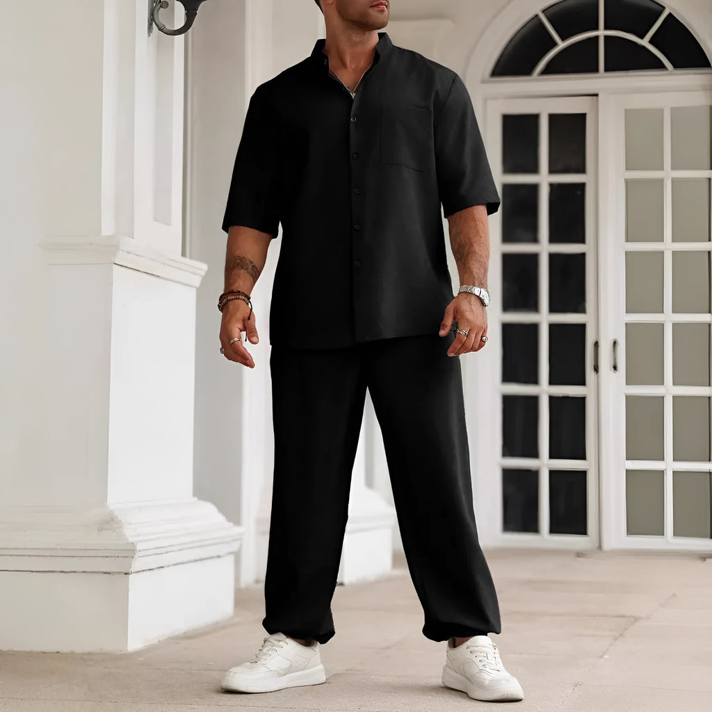 Men's casual cotton linen short-sleeved trousers set in three colour options
