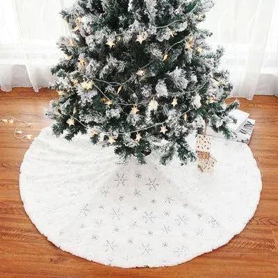 Christmas sequin embroidered tree skirt in silver on floor under decorated tree, 90cm or 122cm imitation rabbit fur polyester