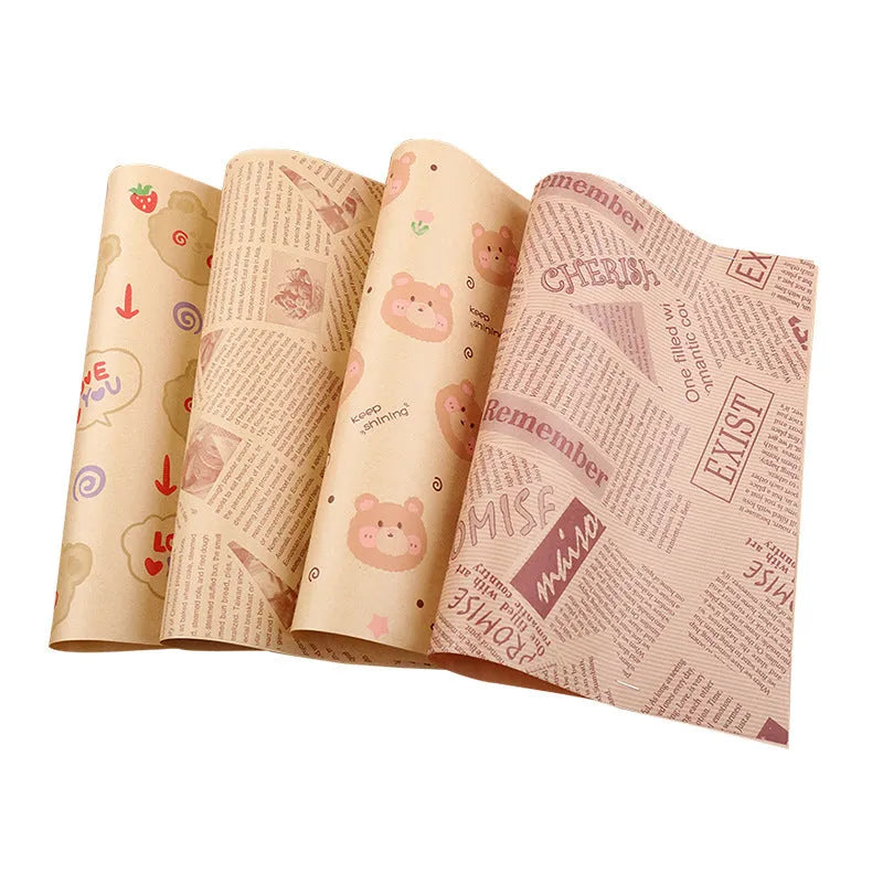 Microwaveable food grade anti-oil baking paper sheets, 28x38cm, in English, newspaper or retro kraft style, 50 or 100 pack