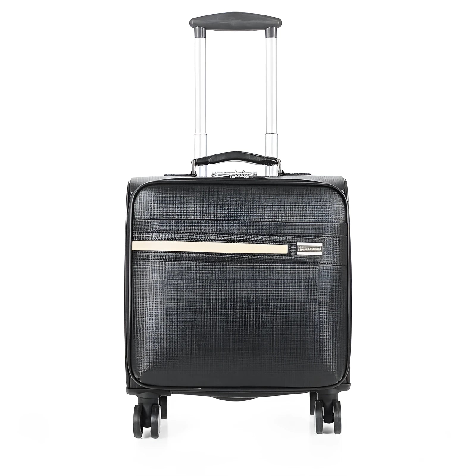 Black or brown 18-inch wheeled business case made of PU leather with airplane wheels and a luggage lock.