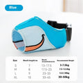 Canvas dog muzzle mouth cover in Bondi Blue Shark design showing weight-based sizing options