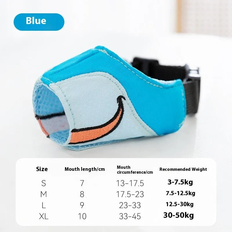 Canvas dog muzzle mouth cover in Bondi Blue Shark design showing weight-based sizing options