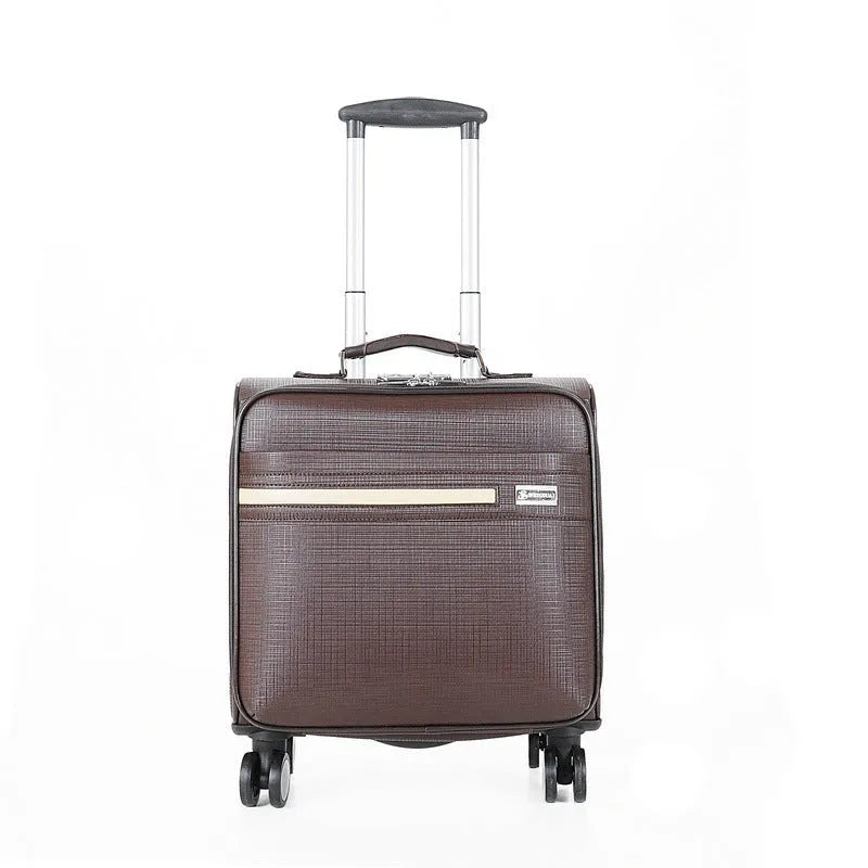Black or brown 18-inch wheeled business case made of PU leather with airplane wheels and a luggage lock.
