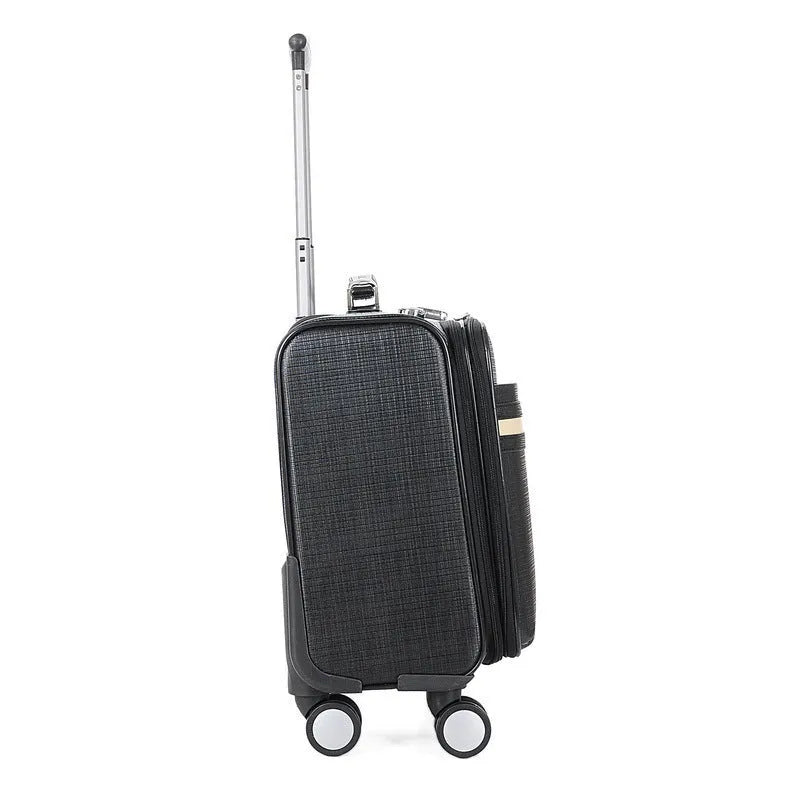 Black or brown 18-inch wheeled business case made of PU leather with airplane wheels and a luggage lock.