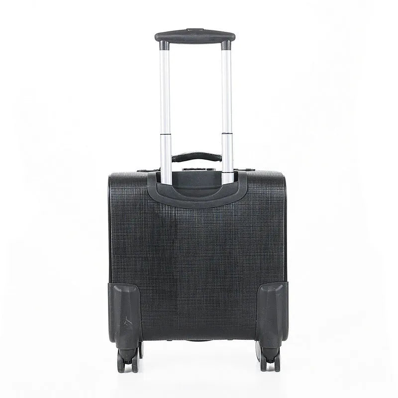Black or brown 18-inch wheeled business case made of PU leather with airplane wheels and a luggage lock.