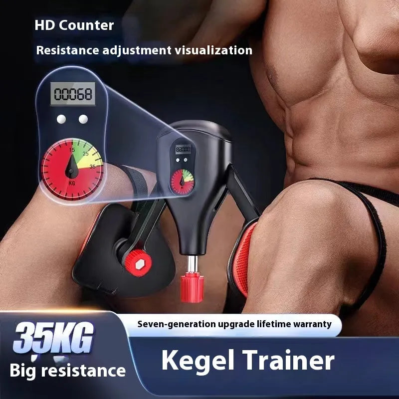 Men's black and grey Kegel trainer for PC muscle exercise with optional strap and handle attachments.