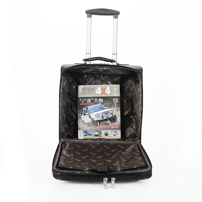 Black or brown 18-inch wheeled business case made of PU leather with airplane wheels and a luggage lock.