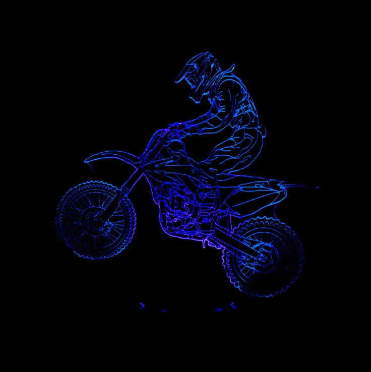 3D night light displaying a motorcycle design with colour-changing LED illumination on a black acrylic panel