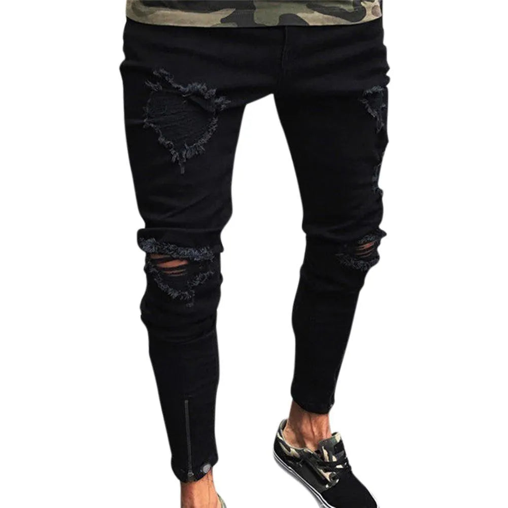 Men's black low waist stretch polyester casual pencil trousers