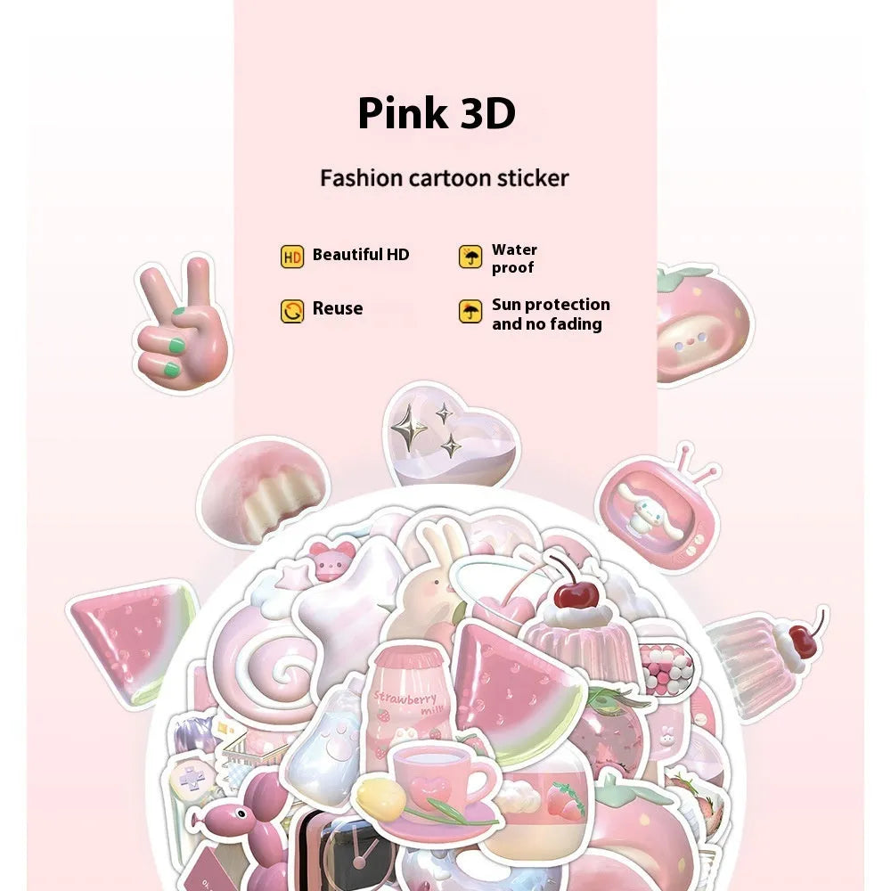 Pack of 63 pink girl heart decorative stickers with a realistic 3D effect and cute style.