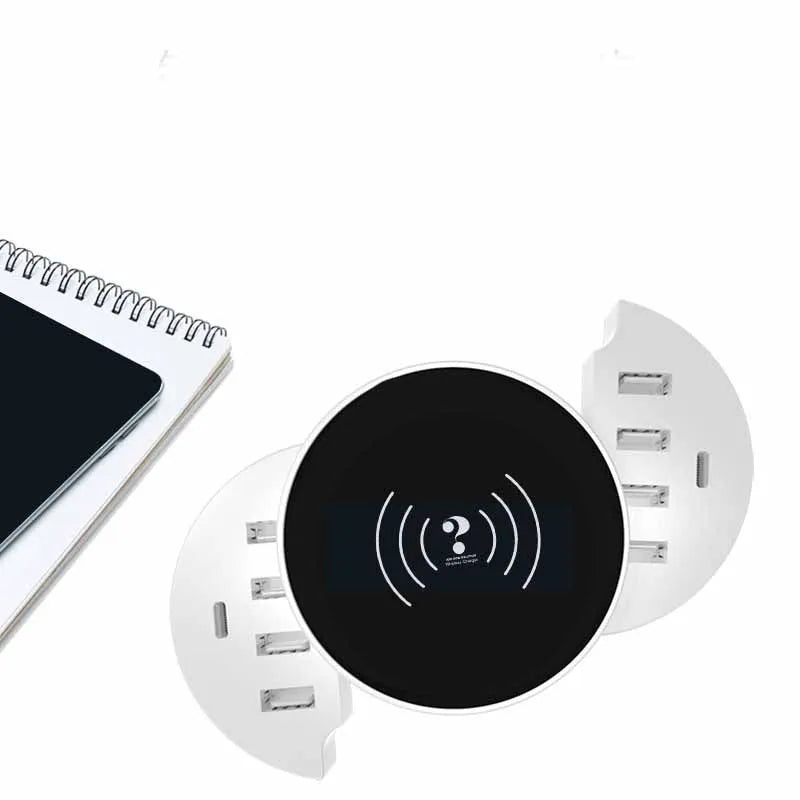 Ceramic white circular wireless charger with multiple ports, adapters for EU UK US outlets, and 1.5 metre cable