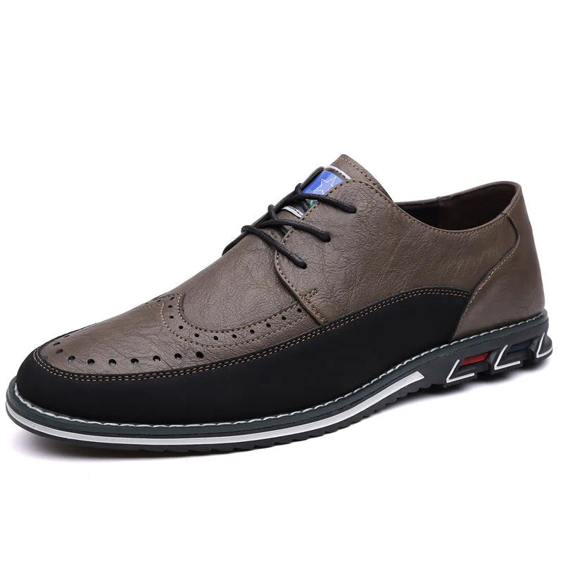 Men's low-top casual leather shoes with a leather toe cap and sewing line detail on fabric upper.