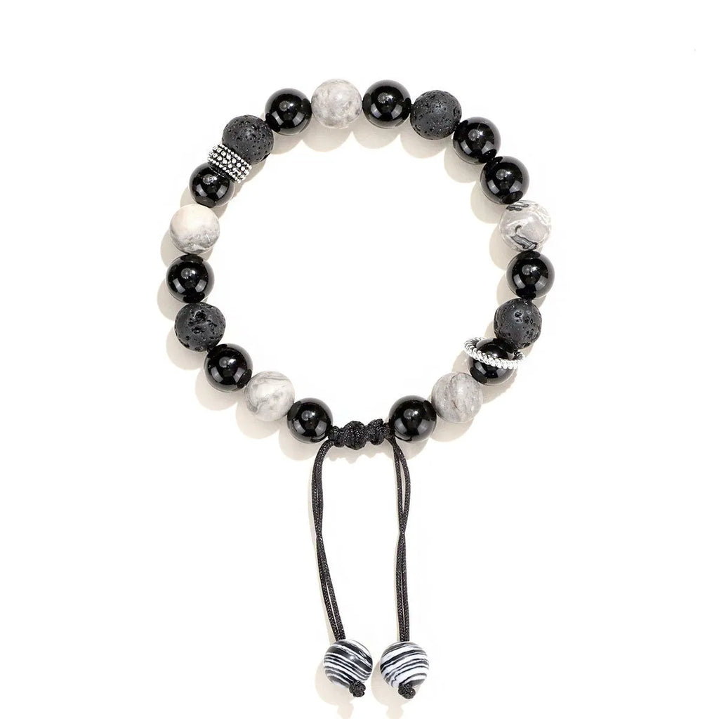 Black agate map stone unisex bracelet with volcanic rock in diamond shape, 8mm and 10mm sizes