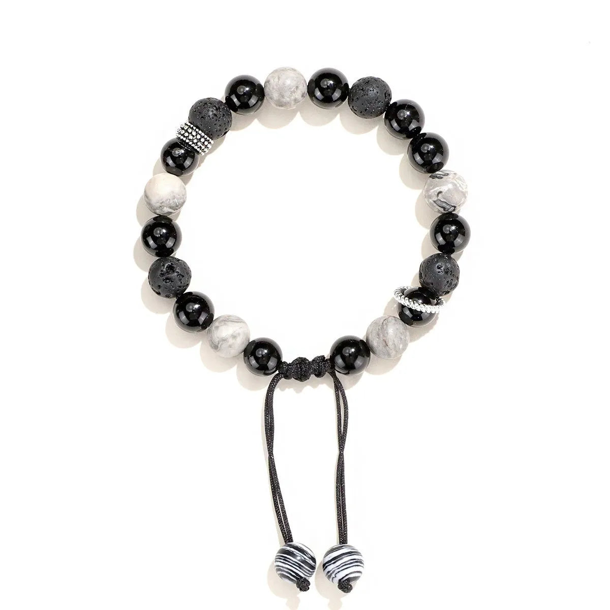 Black agate map stone unisex bracelet with volcanic rock in diamond shape, 8mm and 10mm sizes