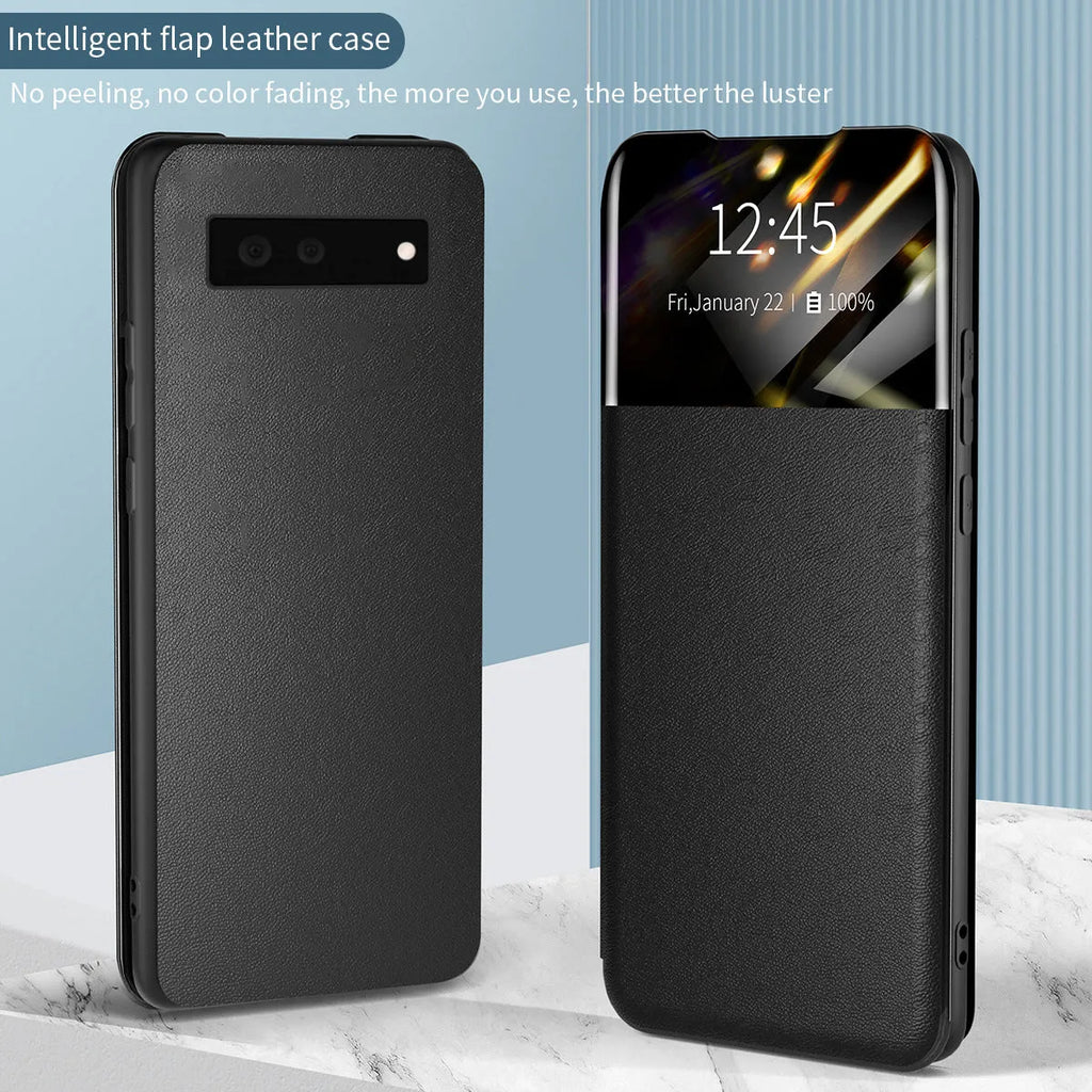 Black PU PC card flip case for Google Pixel 6 with card slot visible on back