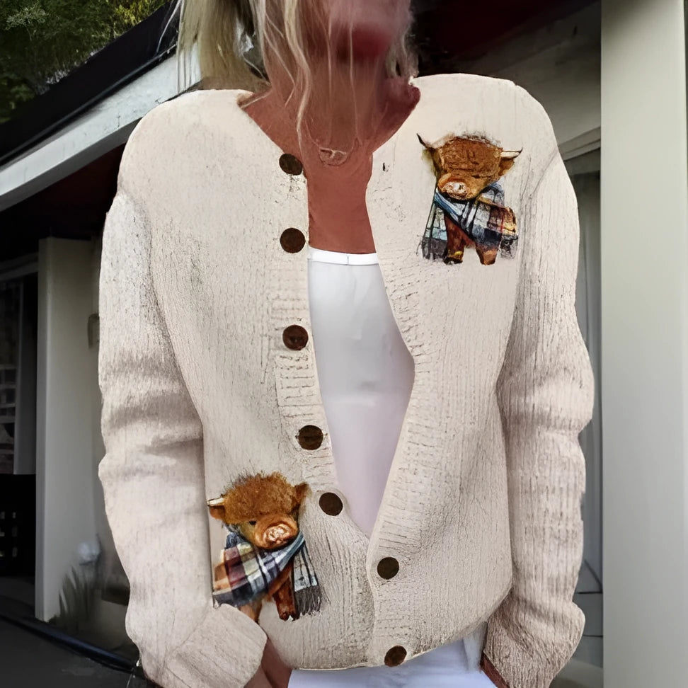 Women's loose-fit cardigan coat with 3D digital printed stereo pattern in polyester fabric.
