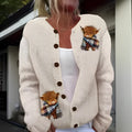 Women's loose-fit cardigan coat with 3D digital printed stereo pattern in polyester fabric.