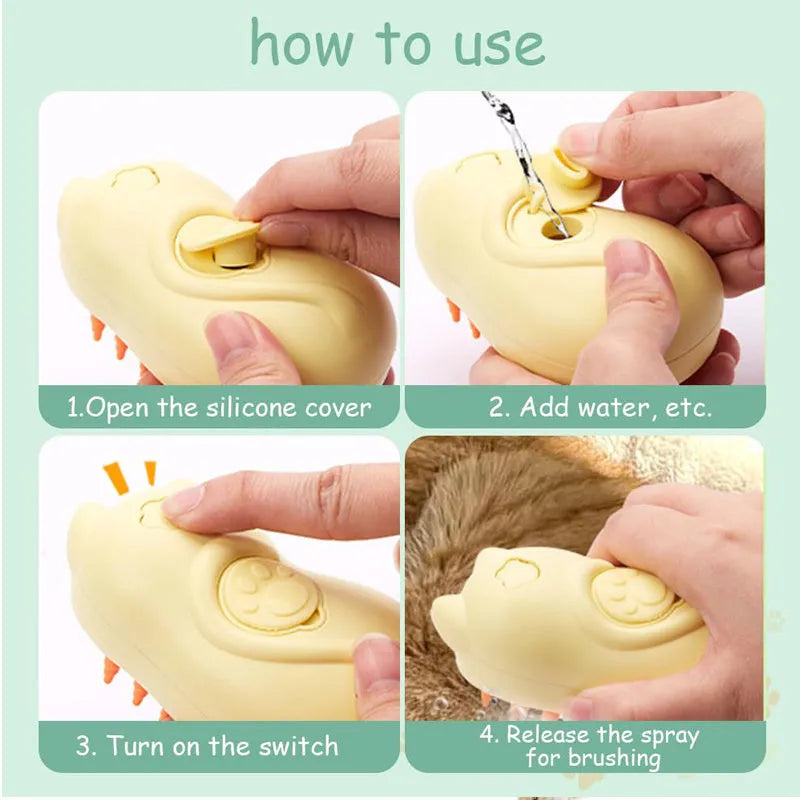 3-in-1 steamy cat brush with self-cleaning steam function and ergonomic handle for pet grooming